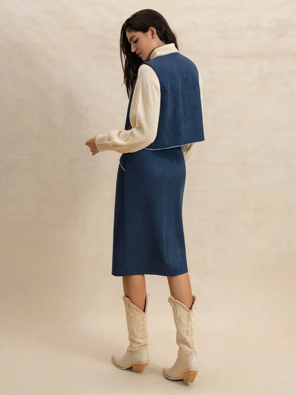 Hazel Blues® |  Open Front Vest and Buttoned Skirt Set