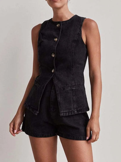 Hazel Blues® |  Button Down Vest and Shorts Denim Set