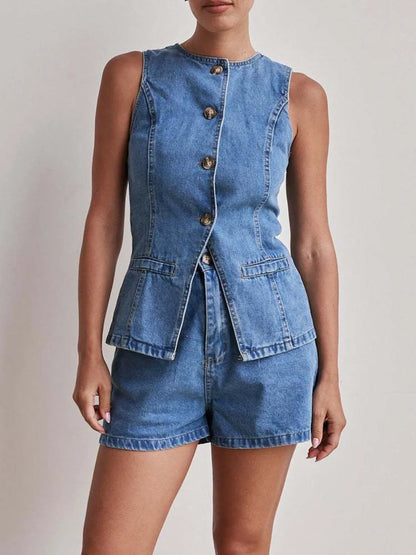 Hazel Blues® |  Button Down Vest and Shorts Denim Set