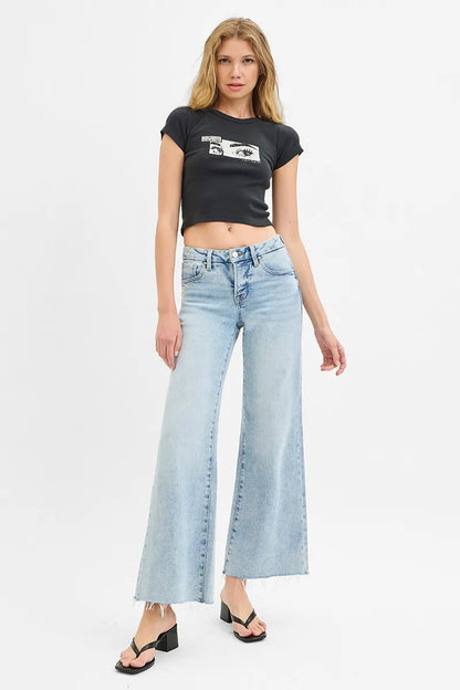 Hazel Blues® | RISEN Tummy Control Low Rise Wide Leg Raw Cut Hem Jeans