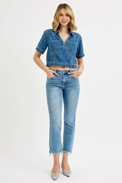 Hazel Blues® | RISEN High Rise Crop Straight Slim Jeans