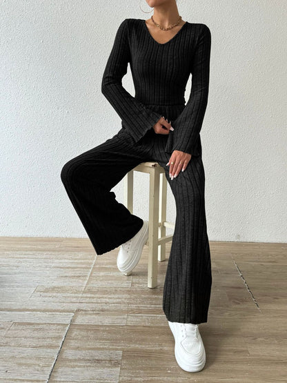 Hazel Blues® |  Ribbed V-Neck Long Sleeve Top and Pocketed Pants Set