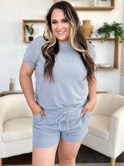 Hazel Blues® |  Double Take Texture Short Sleeve T-Shirt and Drawstring Shorts Set