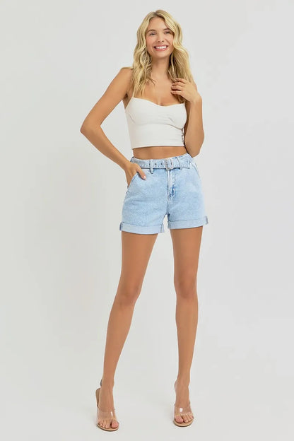 Hazel Blues® | RISEN High Rise Belted Roll Up Shorts