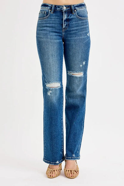 Hazel Blues® | RISEN Tummy Control High Rise Straight Distressed Jeans