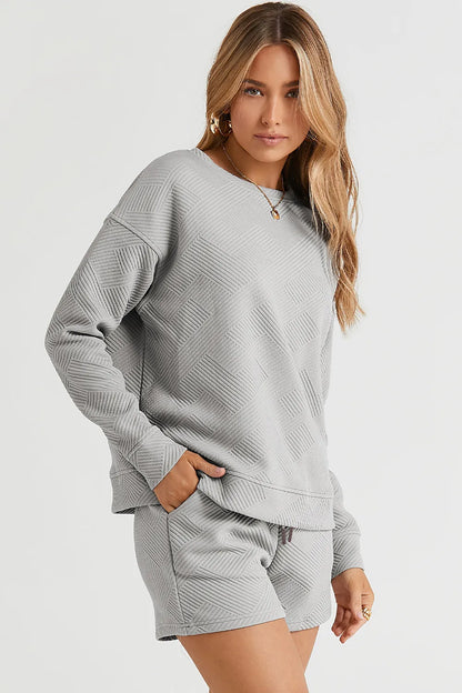 Hazel Blues® |  Double Take Texture Long Sleeve Top and Drawstring Shorts Set