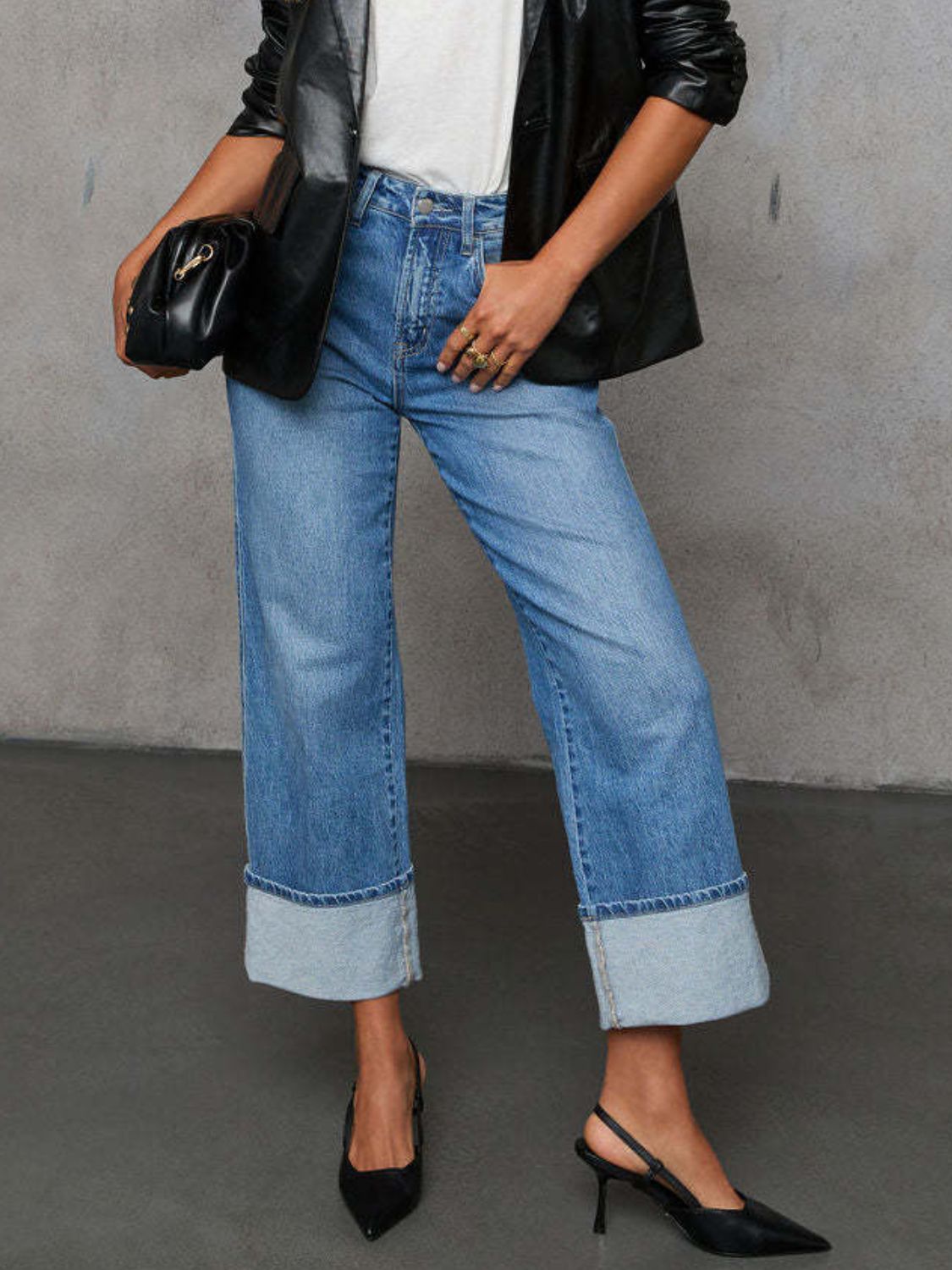 Hazel Blues® |  High Waisted Straight Leg Rolled Jeans