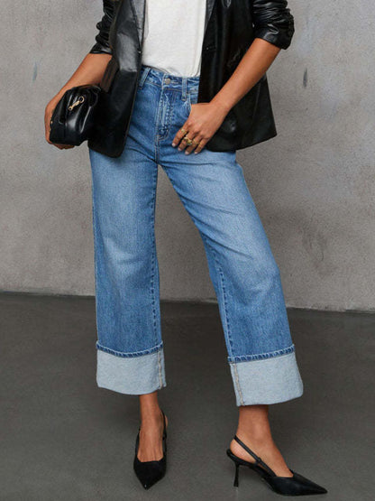 Hazel Blues® |  High Waisted Straight Leg Rolled Jeans