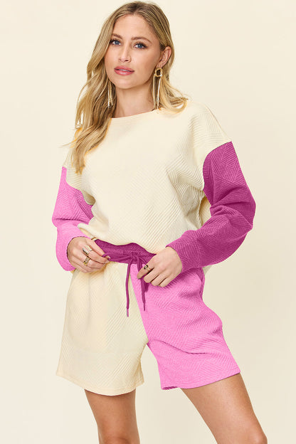 Hazel Blues® |  Double Take Contrast Drop Shoulder Top and Shorts Set