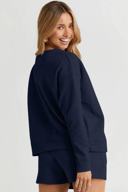Hazel Blues® |  Double Take Texture Long Sleeve Top and Drawstring Shorts Set