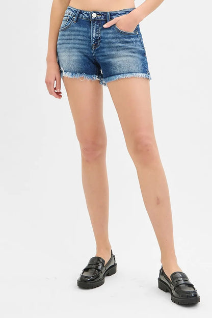 Hazel Blues® | RISEN Low Rise Frayed Denim Shorts