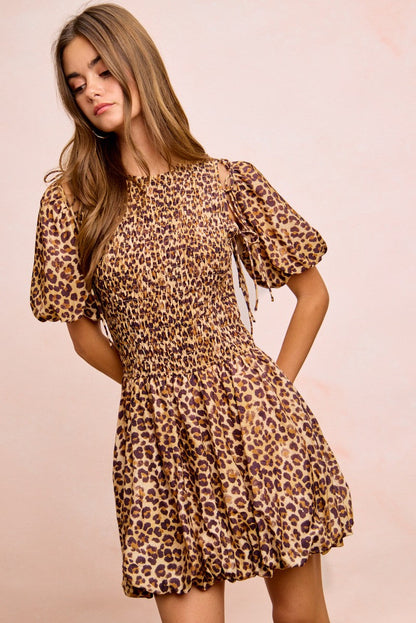 Hazel Blues® |  BiBi Leopard Bow Tie Attachable Puff Sleeves Dress