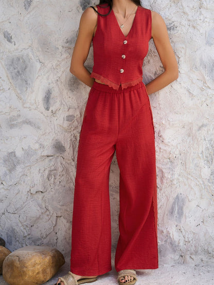 Hazel Blues® |  Devine Button Down Lace Detail Vest and Pants Set