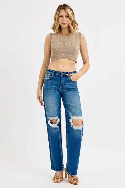 Hazel Blues® | RISEN Mid Waist Fit Boyfriend Knee Distressed Jeans