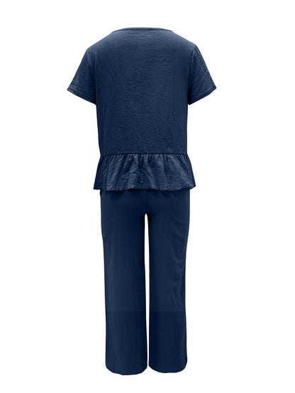 Hazel Blues® |  Peplum Round Neck Short Sleeve Top and Pants Set
