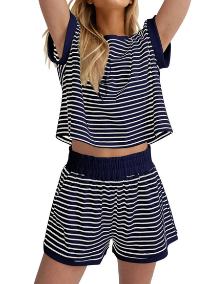 Hazel Blues® | Contrast Striped T-Shirt and Shorts Set