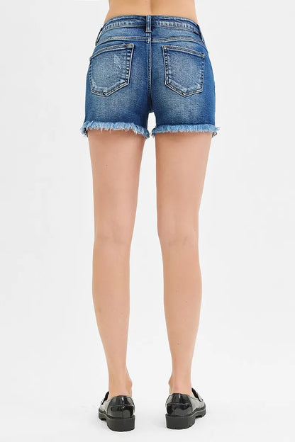 Hazel Blues® | RISEN Low Rise Frayed Denim Shorts