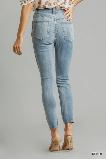 Hazel Blues® |  Umgee 5-Pockets Distressed Detail Stretch Denim Skinny Jeans with Unfinished Hem