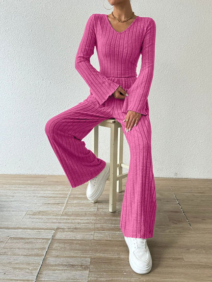 Hazel Blues® |  Ribbed V-Neck Long Sleeve Top and Pocketed Pants Set