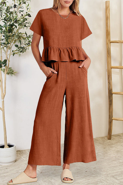 Hazel Blues® |  Peplum Round Neck Short Sleeve Top and Pants Set