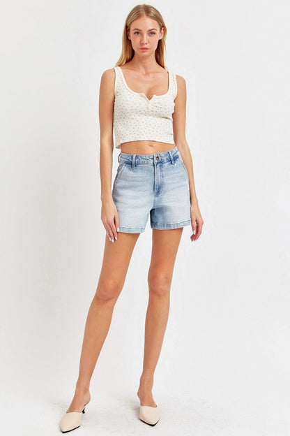 Hazel Blues® |  Risen High Rise Denim Shorts