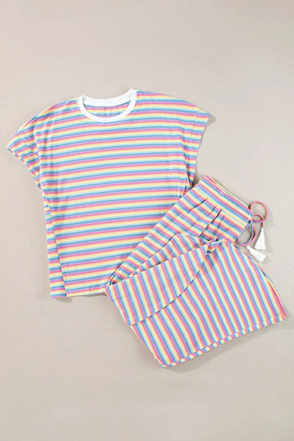 Hazel Blues® |  Striped Round Neck Short Sleeve Top and Pants Set