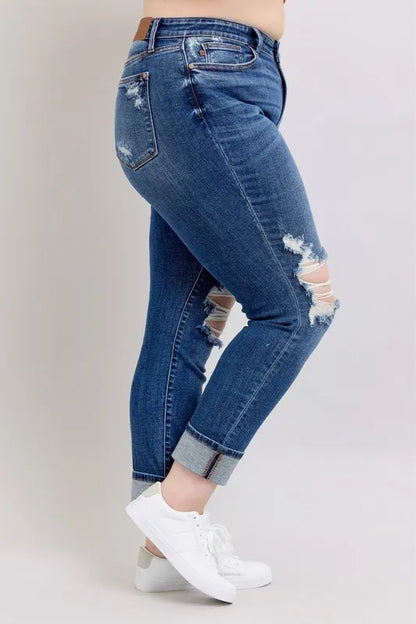 Hazel Blues® | Judy Blue Mid Rise Boyfriend destroy Jeans with Yoke Pockets and Faux Selvedge Cuff