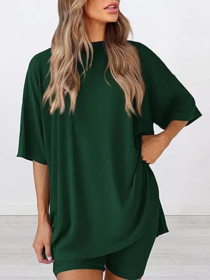 Hazel Blues® | Oversized Slit Round Neck Top and Shorts Lounge Set