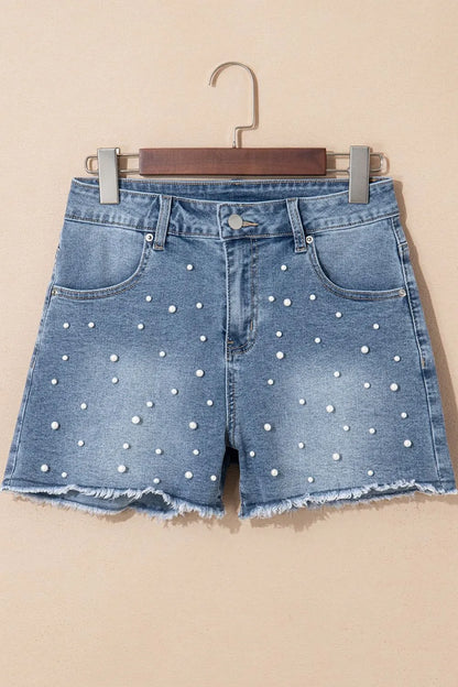 Hazel Blues® |  Pearl Beaded Raw Hem Wash Denim Shorts