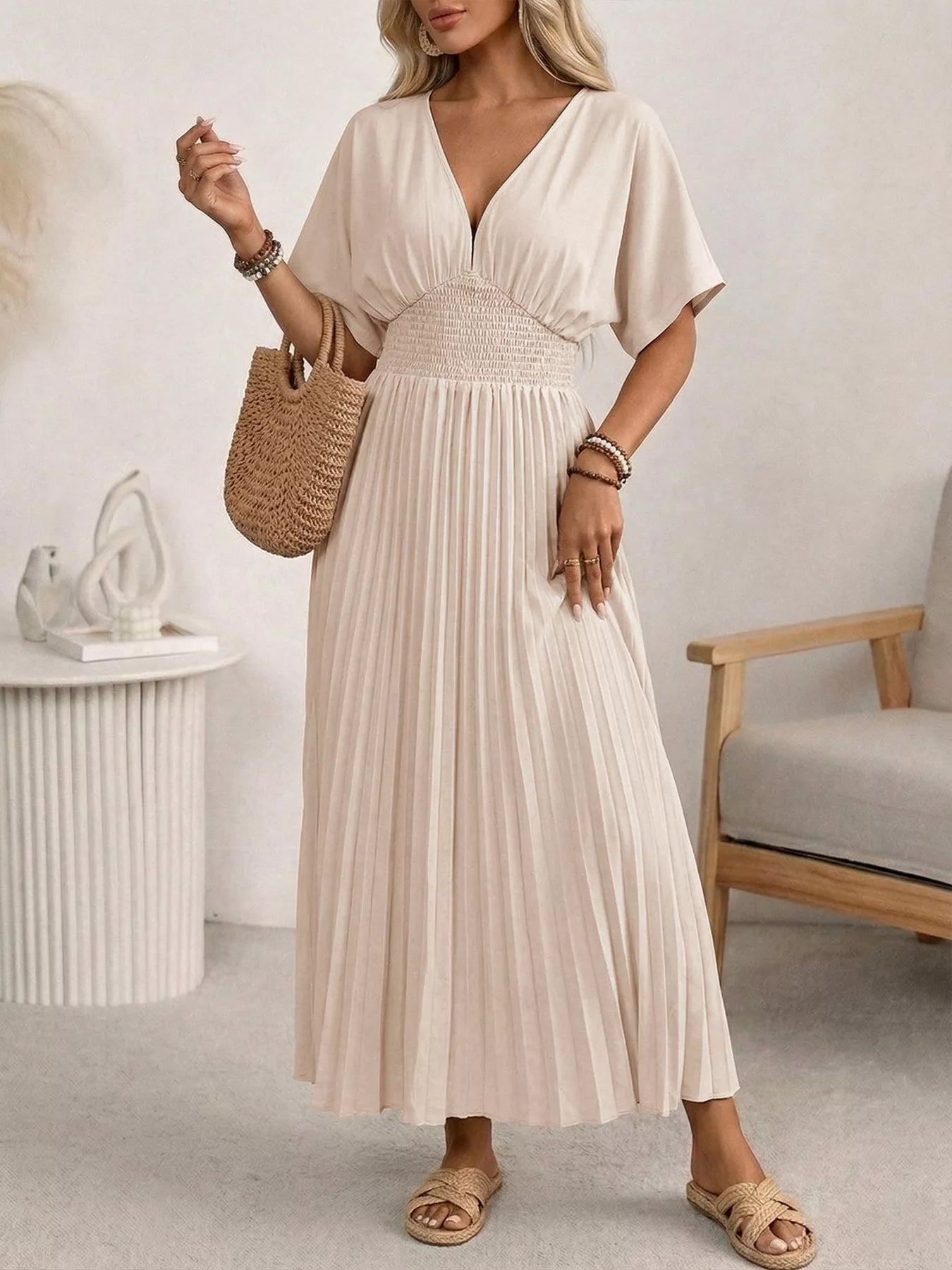 Hazel Blues® |  Pleated V-Neck Midi Dress