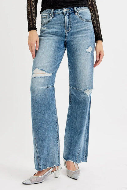 Hazel Blues® | RISEN Mid Rise Fit Wide Baggy Leg Tie Washed Jeans