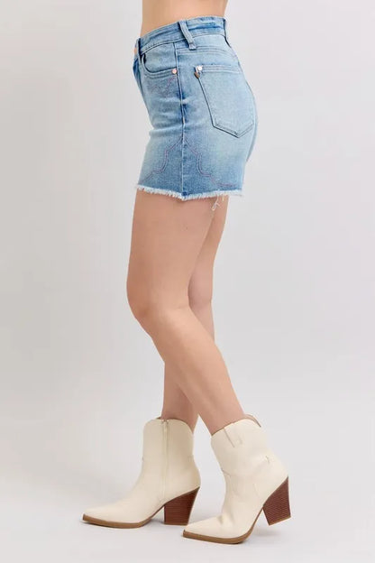 Hazel Blues® |  Judy Blue High Waist Western Embroidery Detail Cut Off Denim Shorts
