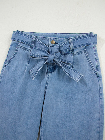 Hazel Blues® |  High Waisted Wide Leg Belted Jeans