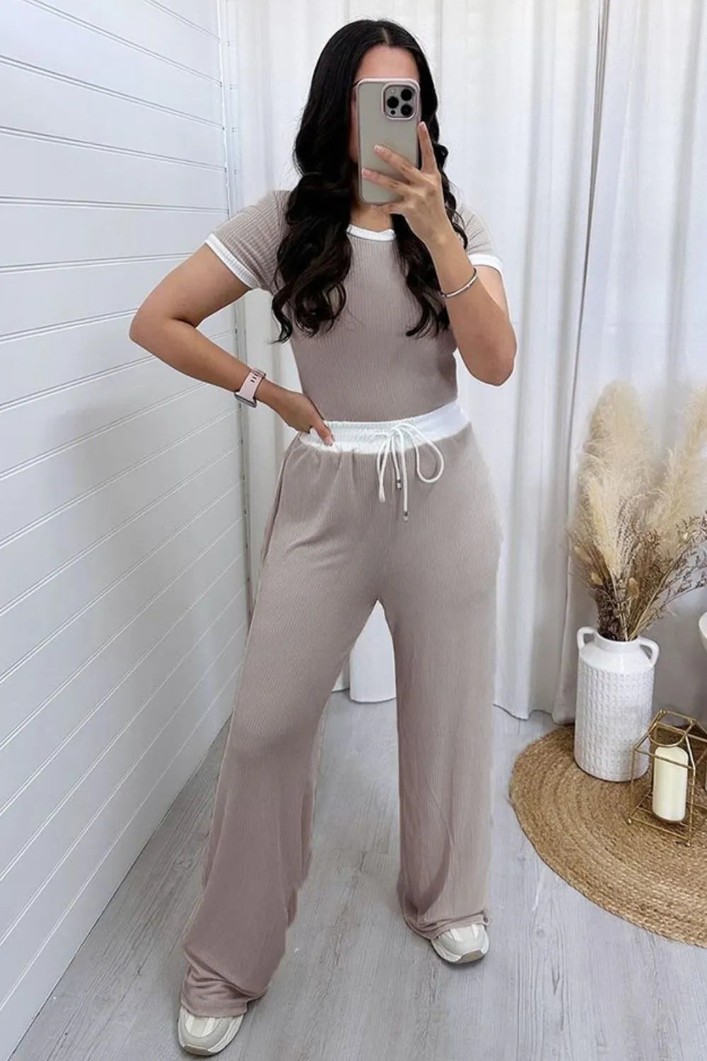 Hazel Blues® |  Contrast Trim Round Neck Top and Pants Set