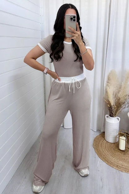 Hazel Blues® |  Contrast Trim Round Neck Top and Pants Set