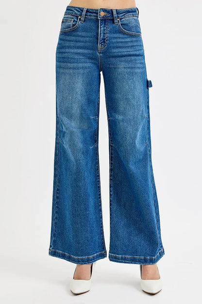 Hazel Blues® | RISEN High Rise Wide Leg Patch Detailed Jeans