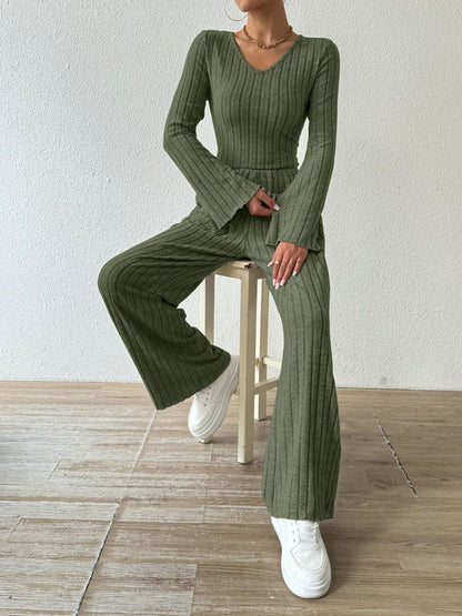 Hazel Blues® |  Ribbed V-Neck Long Sleeve Top and Pocketed Pants Set