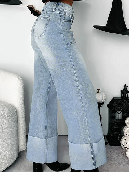 Hazel Blues® |  High-Waisted Wide-Leg Jeans with Cuffed Hem