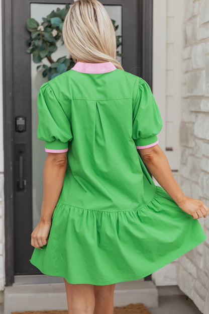 Hazel Blues® |  Bright Green Color Block Detail Split Neck Short Puff Sleeve Ruffle Hem Mini Dress