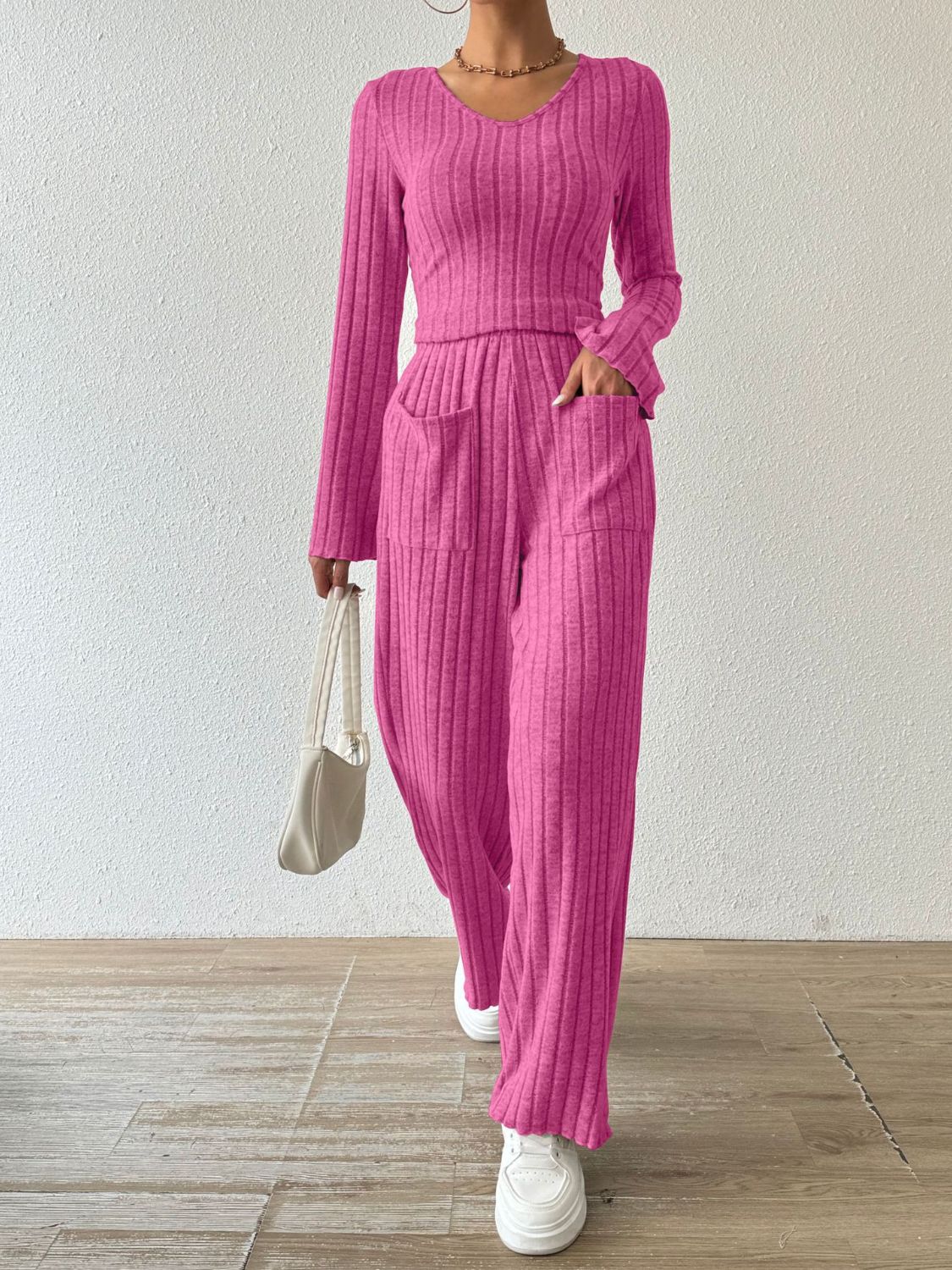 Hazel Blues® |  Ribbed V-Neck Long Sleeve Top and Pocketed Pants Set