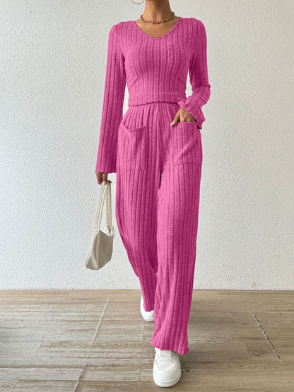 Hazel Blues® |  Ribbed V-Neck Long Sleeve Top and Pocketed Pants Set