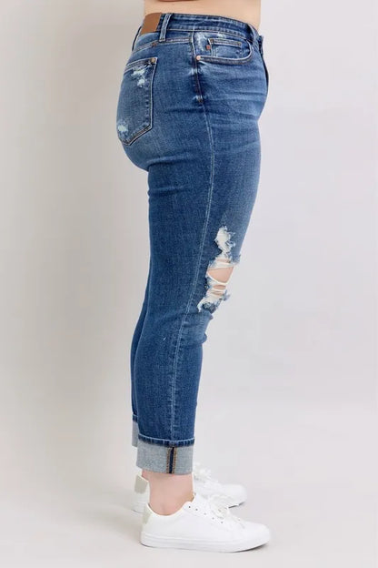 Hazel Blues® | Judy Blue Mid Rise Boyfriend destroy Jeans with Yoke Pockets and Faux Selvedge Cuff