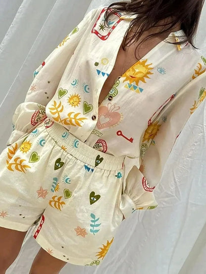 Hazel Blues® |  Button Up Long Sleeve Shirt and Shorts Set