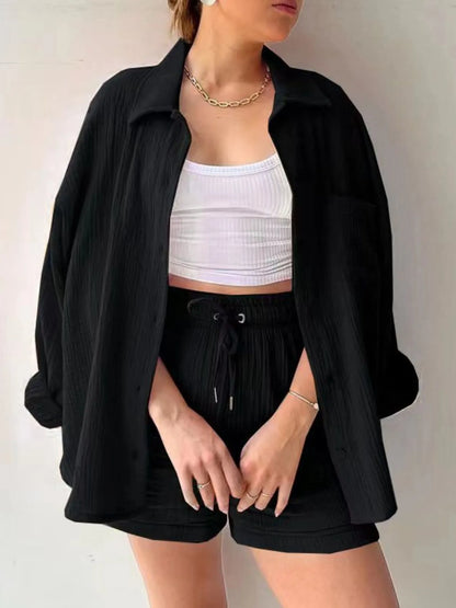 Hazel Blues® |  Textured Button Up Shirt and Shorts Set