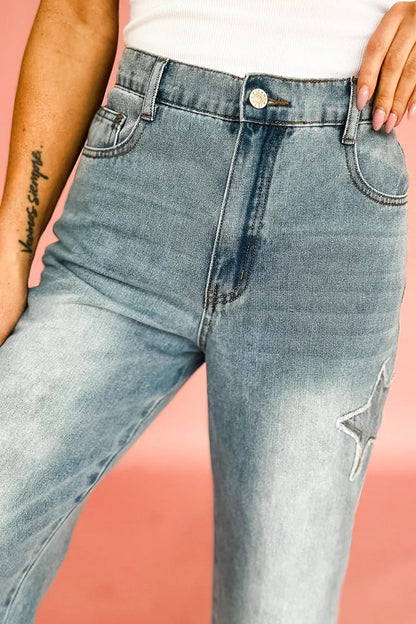 Hazel Blues® |  Star Embroidered High Waist Wide Leg Jeans