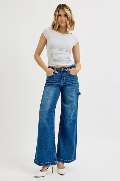 Hazel Blues® | RISEN High Rise Wide Leg Patch Detailed Jeans