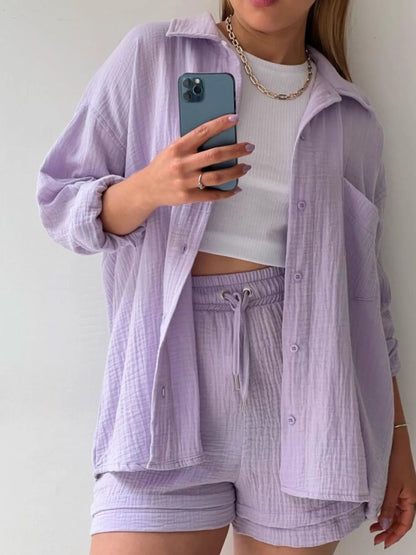Hazel Blues® |  Textured Button Up Shirt and Shorts Set