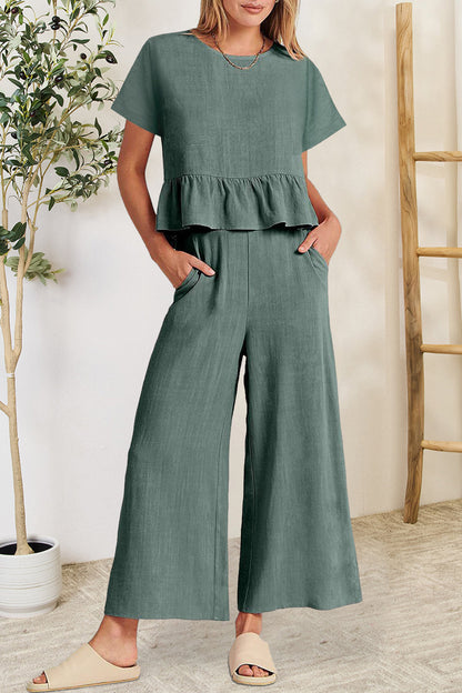 Hazel Blues® |  Peplum Round Neck Short Sleeve Top and Pants Set