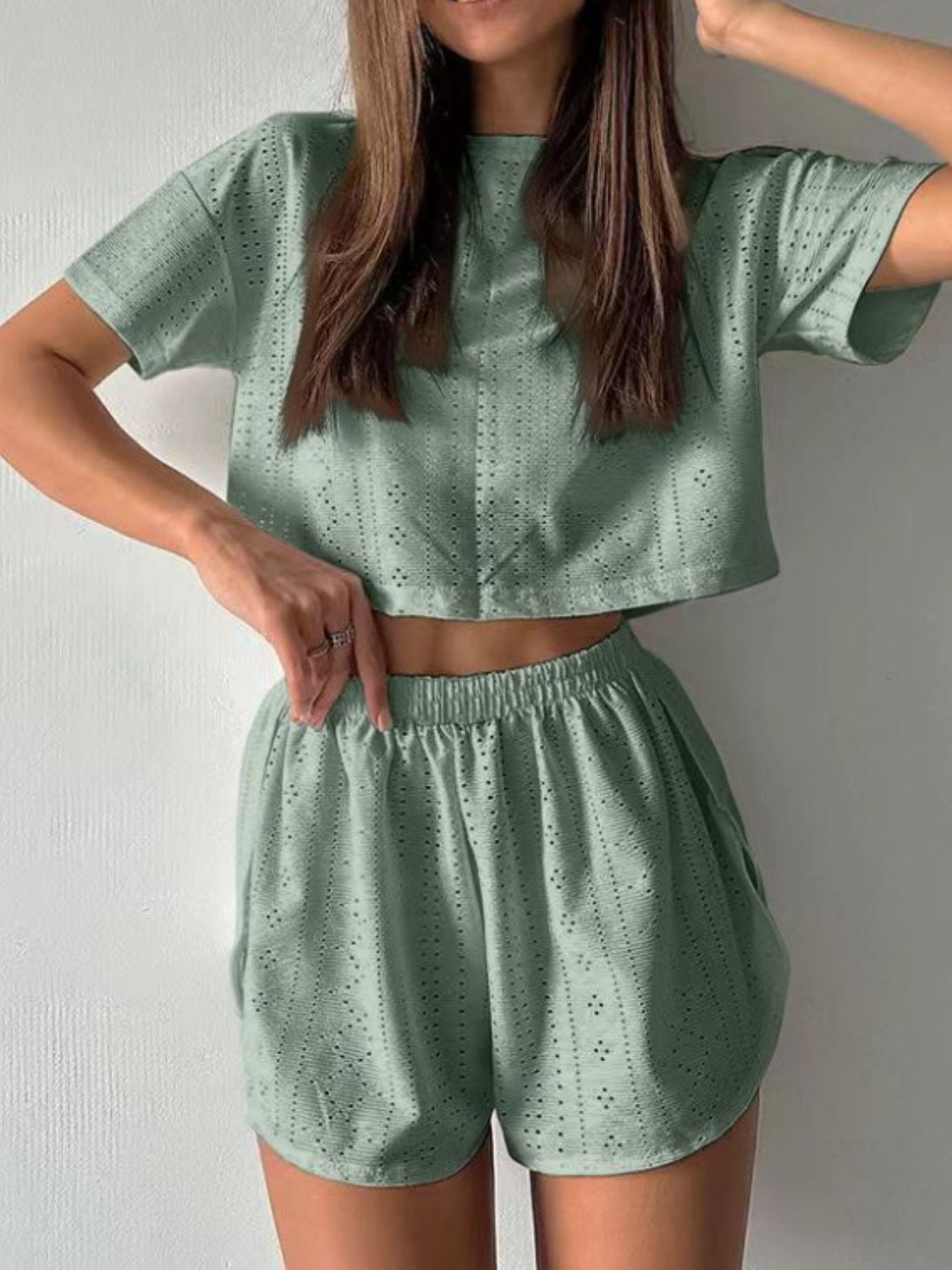 Hazel Blues® |  Eyelet Round Neck Top and Shorts Set