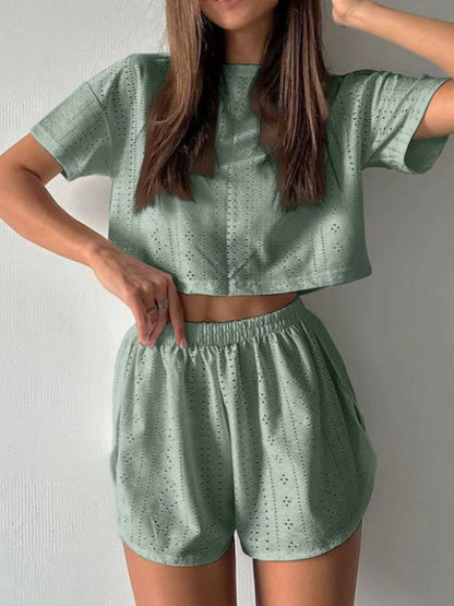 Hazel Blues® |  Eyelet Round Neck Top and Shorts Set